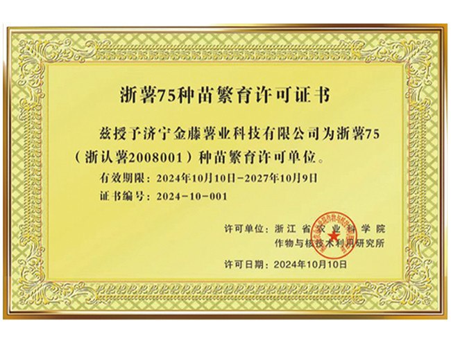 浙薯75種苗繁育許可證書(shū)